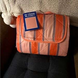 Striped Outdoor Blanket in Blue, white and Orange Water Resistant 100% poly.